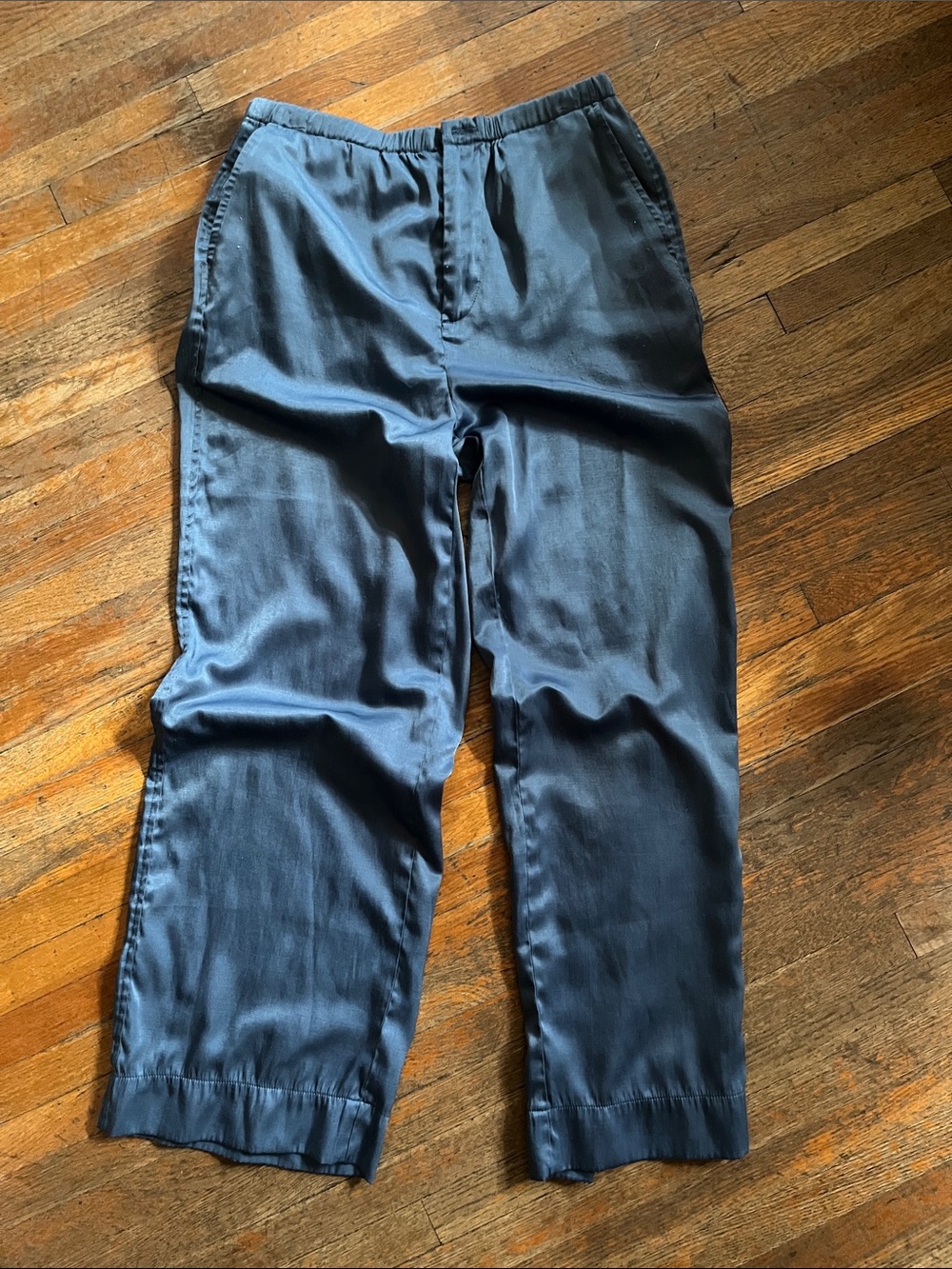 Mango Satin-Feel Navy Blue straight -Leg Pants